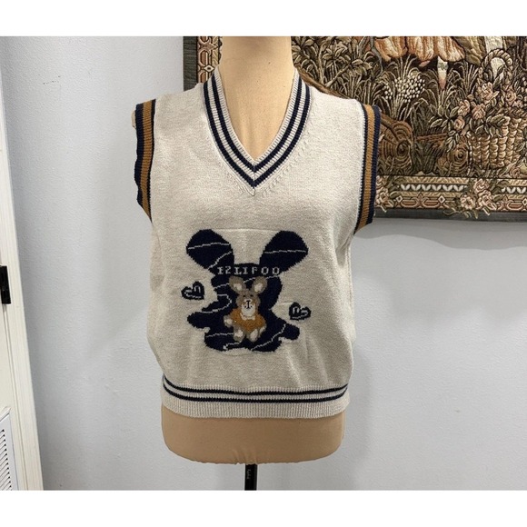Source Unknown Sweaters - Felifoo Bunny Sweater Vest Womens Small Beige V Neck Knit‎ Preppy Rabbit Cute